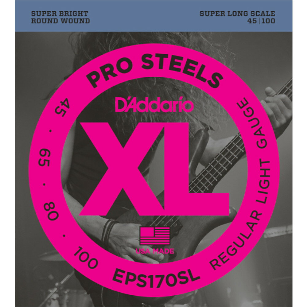 【商品仕様】 XL ProSteelシリーズは、D'Addario弦の中でも最も磁力が強くブライトなサウンドのエレクトリックベース弦です。 特殊な合金を使用することで、豊かな倍音成分と煌びやかで高域と低域のバランスに優れたサウンドで、 スチール弦を使用するプレイヤーの理想ともいえる「ピアノ・トーン」を実現しました。 ProSteelはスチール弦における全く新しいサウンドなのです。 Super Long 1st:0.045 2nd:0.065 3rd:0.080 4th:0.100