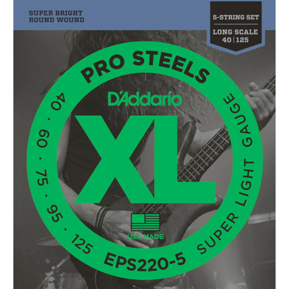 【商品仕様】 XL ProSteelシリーズは、D'Addario弦の中でも最も磁力が強くブライトなサウンドのエレクトリックベース弦です。 特殊な合金を使用することで、豊かな倍音成分と煌びやかで高域と低域のバランスに優れたサウンドで、 スチール弦を使用するプレイヤーの理想ともいえる「ピアノ・トーン」を実現しました。 ProSteelはスチール弦における全く新しいサウンドなのです。 5-String/Long 1st:0.040 2nd:0.060 3rd:0.075 4th:0.095 5th:0.125