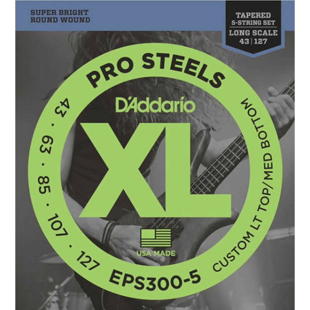 【商品仕様】 XL ProSteelシリーズは、D'Addario弦の中でも最も磁力が強くブライトなサウンドのエレクトリックベース弦です。 特殊な合金を使用することで、豊かな倍音成分と煌びやかで高域と低域のバランスに優れたサウンドで、 スチール弦を使用するプレイヤーの理想ともいえる「ピアノ・トーン」を実現しました。 ProSteelはスチール弦における全く新しいサウンドなのです。 Long 1st:0.043 2nd:0.063 3rd:0.085 4th:0.107 5th:0.127