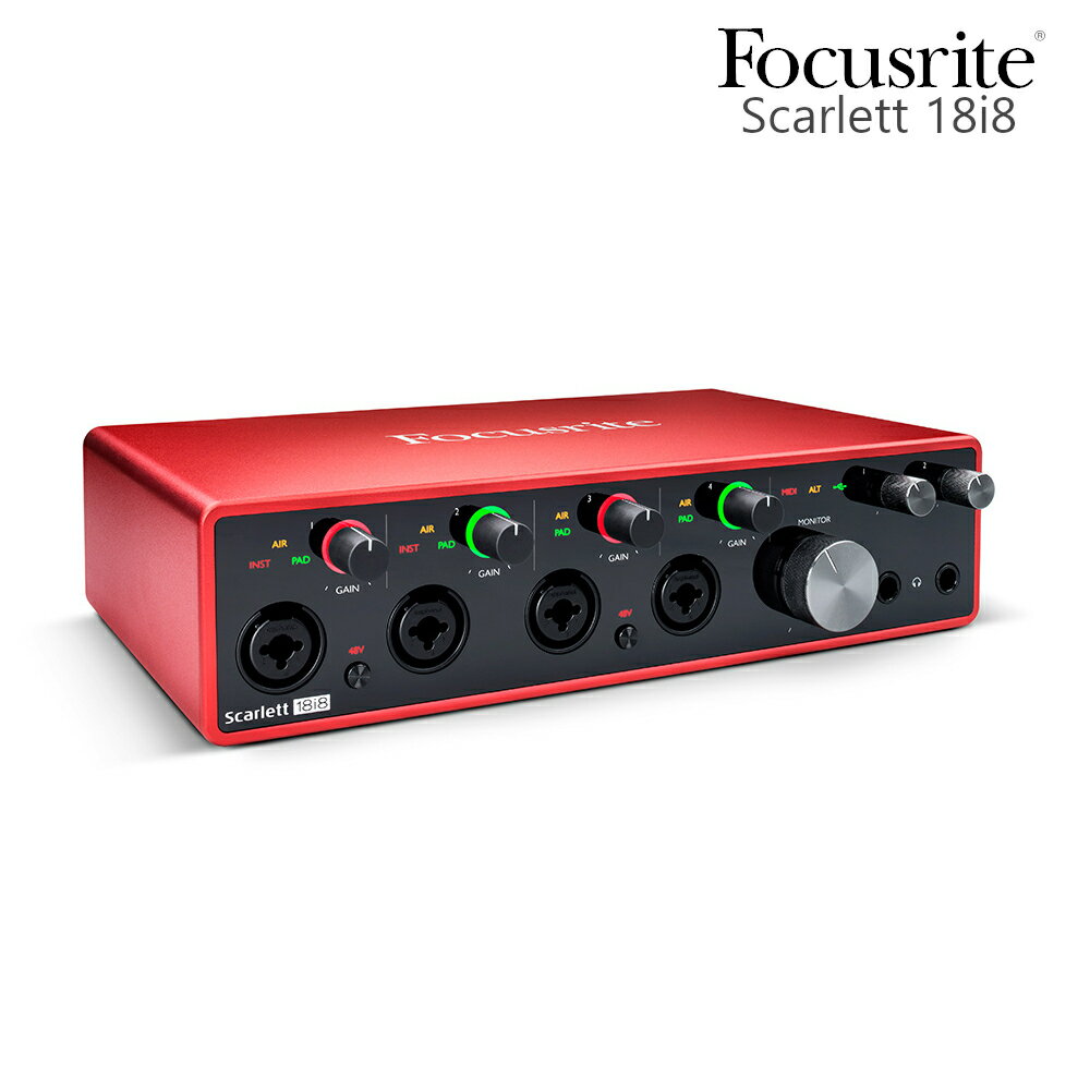 18-in 8-out AudioInterface バンドでのレコーディングに対応。 Scarlett 18i8には、場所を問わずあなたの全ての楽器をスタジオ品質で録音できるツールが搭載されています。 MIc/Line インプット4チャンネル、Line入力4チャンネルと扱えるチャンネル数が多く、SPDIFやADATでの外部ハードウェアでの拡張も可能。 パワーサプライからの安定的な電源供給とミキサーとしてスタンドアローンでも使用可能な柔軟性。 コンパクトなサイズで、多彩な可能性を実現するUSBオーディオインターフェースです。 【製品仕様】 対応OS ■ MacOS　：12.0, 11.0, 10.15, 10.14, 10.13, 10.12 ■ Windows　：11, 10, 8.1, 7 対応サンプルレート ■ 44.1kHz, 48kHz, 88.2kHz, 96kHz, 176.4kHz, 192kHz マイク入力 ■ frequency Respons　：20Hz ? 20kHz ± 0.1dB ■ Dynamic Range　：111dB (A-weighted) ■ THD+N　：≦0.0012% ■ Noise EIN　：-128dBu (A-weighted) ■ Maximum Input Level　：9dBu (at minimum gain) ■ Gain Range　：56dB ■ Impedance　：3kΩ ライン入力 ■ Frequency Response　：20Hz ? 20kHz ± 0.1dB ■ Dynamic Range　：110.5dB (A-weighted) ■ THD+N　：≦0.002% ■ Maximum Input Level　：22dBu (at minimum gain) ■ Gain Range　：56dB ■ Impedance　：60kΩ インストゥルメント入力 ■ Frequency Response　：20Hz ? 20kHz ± 0.1dB ■ Dynamic Range　：110dB (A-weighted) ■ THD+N　：≦0.03% ■ Maximum Input Level　：12.5dBu (at minimum gain) ■ Gain Range　：56dB ■ Impedance　：1.5MΩ ライン/モニター出力 ■ Dynamic Range (Line Outputs)　：108dB ■ THD+N　：≦0.002% ■ Maximum Output Level (0 dBFS)　：15.5dBu ■ Impedance　：430Ω ヘッドフォンアウトプット ■ Dynamic Range　：104dB (A-weighted) ■ THD+N　：≦0.002% ■ Maximum Output Level　：7dBu ■ Impedance　：1Ω 同梱品 ■ USB cable (AtoC) ■ Power Supply 付属ソフトウェアライセンス ■ Avid / ProtoolsFirst CreativePack ■ Ableton / LIveLite ■ Focusrite / RedPlugin suite ■ XLN Audio / AddictiveKeys(4種類の音源の中から1つを選択) ■ softube / time and tone bundle