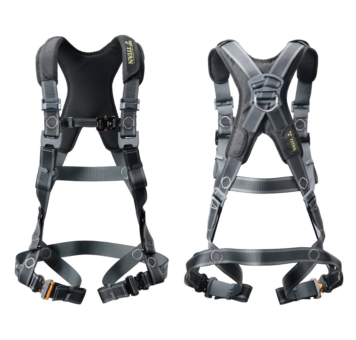 【商品詳細】 ・種類　墜落制止用器具 ・フルハーネス型 ・名称　CRH-10C型 ・作業ベルト無し ・フルハーネス本体のみ ※別途ランヤードが必要になります ・販売単位　1個 ・注意文　モニターの発色具合によって実際の商品と色合いが異なる場合があります。 EASY Harness CROSS SANKO（サンコー）　TITAN（タイタン） 墜落制止用器 フルハーネス型 フルハーネス CRH-10C型 ※作業ベルトは付いておりません 使いやすさと、安全性能がクロスする CROSSシリーズ最高峰モデル ■SPEC 肩・脚・骨盤ベルト：幅45mm ポリエステル 胸ベルト：幅25mm ポリエステル 緩み止め付きベルト調整金具（肩バックル）：スチール、樹脂製カバー 胸グリップ（ワンタッチバックル）：アルミ合金 緩み止め付きワンタッチバックル（脚バックル）：アルミ合金、樹脂製カバー D環：スチール イージーフックキーパー（休止フック掛け）×2コ・D環止め・ベルトキーパー（余長留め付きベルト通し）×4コ・ 胴ベルト用ベルトキーパー（余長留め付きベルト通し）×1コ：樹脂 スマートスライド：幅45mm ポリエステル、樹脂、アルミ合金 エルゴ・パッド（肩パッド）：ポリエステル 重量：約1,220g（エルゴ・パッド：約120g含む） ジッパーバック：ポリエステル ●サイズ S、M、L、LL ※S、L、LLサイズは受注生産の場合が有ります ワークポジショニング用 胴ベルトのサイズもこれに準じます ■交換年数 　脱落防止用機器は消耗品であり、紫外線や摩擦、その他の経年劣化により強度が低下するため、 　フルハーネスは　使用開始年月から 3年 、ランヤードは 2年 を目安に新品とお取替えください。 　但し、交換目安の期間内であっても点検要領に従って必ず検査を実施し、廃棄基準に該当する場 　合は廃棄し新品とお取替えください。 ※はじめてご使用になる際は「使用開始年月ラベル」に年月を記入し、以降の使用時間をチェック 　してください。 点検・交換等の詳細はサンコーのカタログ、hpをご覧ください