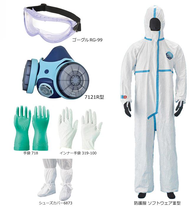 取替え式防じん（防塵）マスク、ゴーグル、防護服 セット koken-ast3-04s 1セット 7121R RG-99 タイベック ソフトウェアIII(3)型 6873 718 319-100