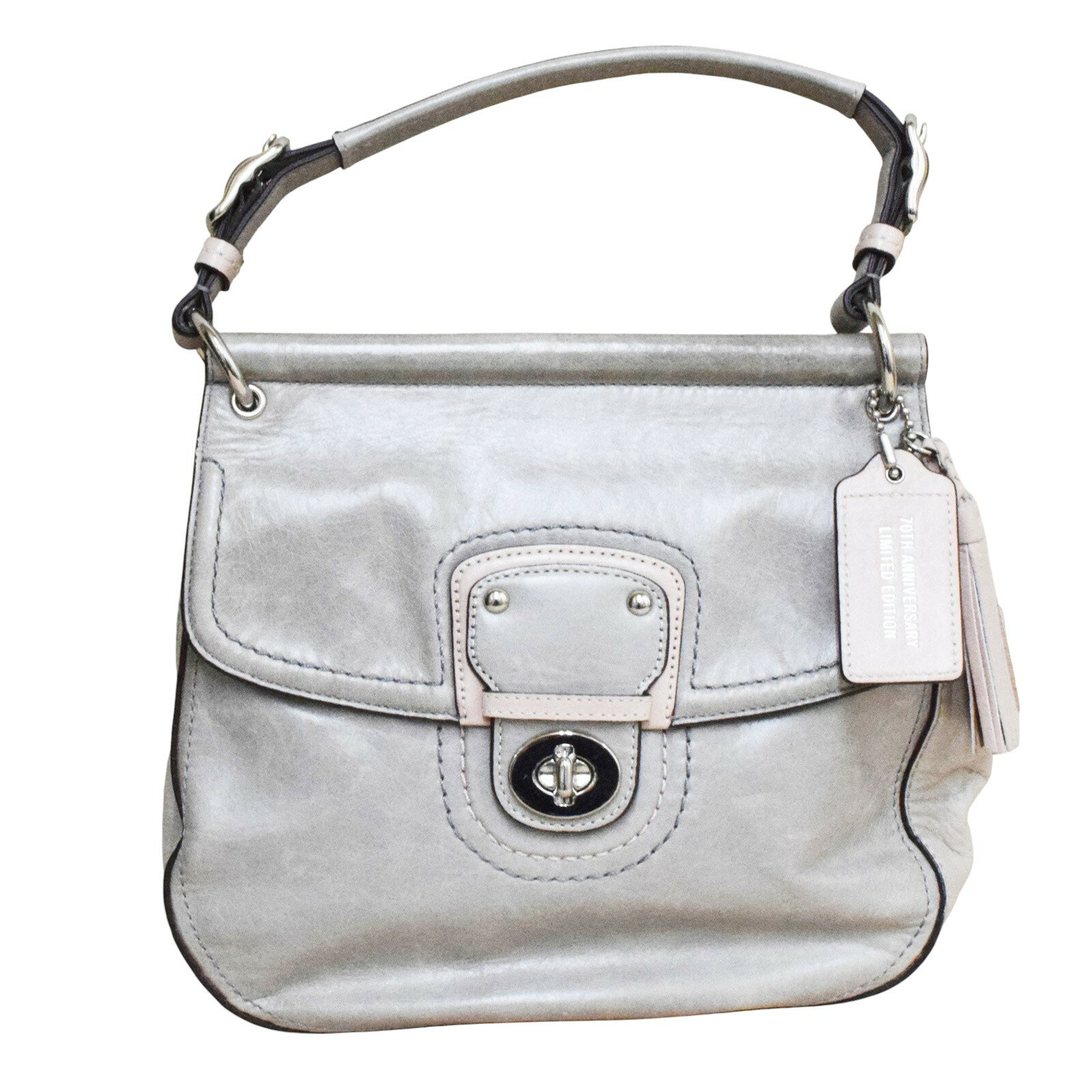 樂天商城 - 【中古】【COACH】コーチ 2WAY ショルダー ハンドバッグ 19031 ライト グレー ピンク シルバー金具 ターンロック レザー レディース USED-B【リサイクルマート秩父店】r2512-1200247925800056