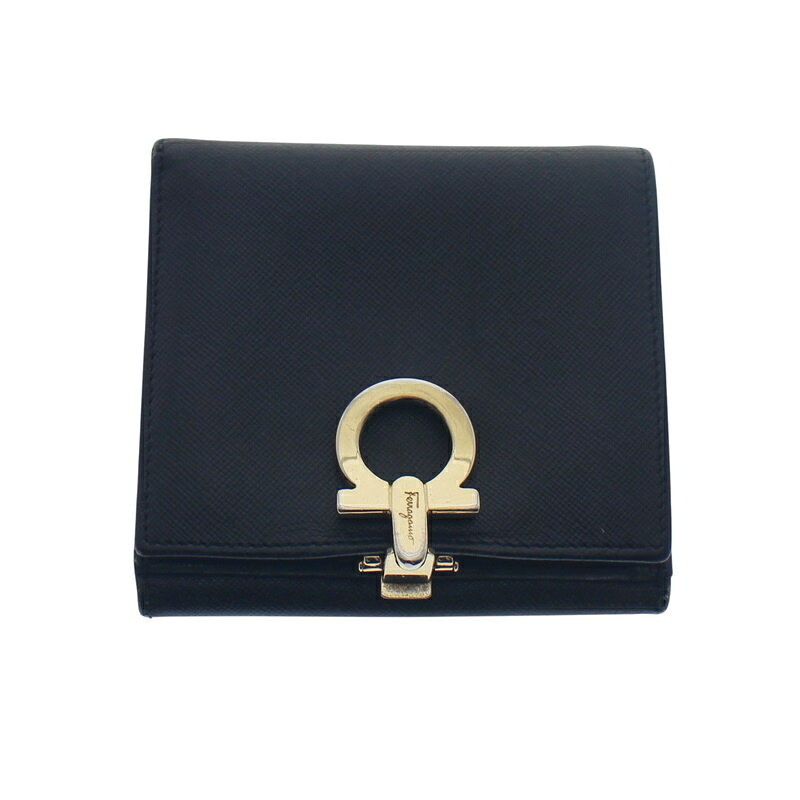 【中古】【Salvatore Ferragamo】サルヴァトーレフェラガモ 二つ折り財布 AQ-224003 レザー ウォレット ゴールド 金具 メンズ レディース ユニセックス ブラック USED-BC【リサイクルマート＋質秩父店】r257-1200294905800115