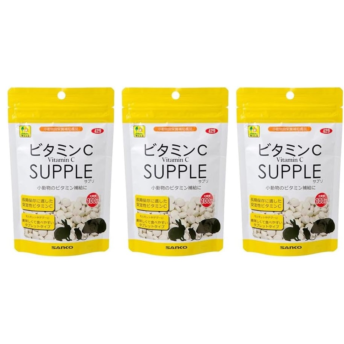 商品情報原材料澱粉、コーンスターチ、脱脂粉乳、粉糖、　フラクトオリゴ糖、ビタミンC、アップルファイバー保証成分粗タンパク質：4．4％以上、粗脂肪：0．1％以上、粗繊維：0．4％以下、粗灰分：3．6％以下、水分：7．4％以下内容量100g×3個【3個セット】SANKO ビタミンCサプリ (お徳用) 100g モルモットやデグー等の小動物へのビタミンC補給に！ 長期保存安定性に優れたビタミンCを使用しておりますので、より安定したビタミンCを確実に摂取出来ます。モルモットやデグーだけでなく、うさぎやチンチラなども、ビタミンCを摂取する事により、健康維持に役立ちます。 5
