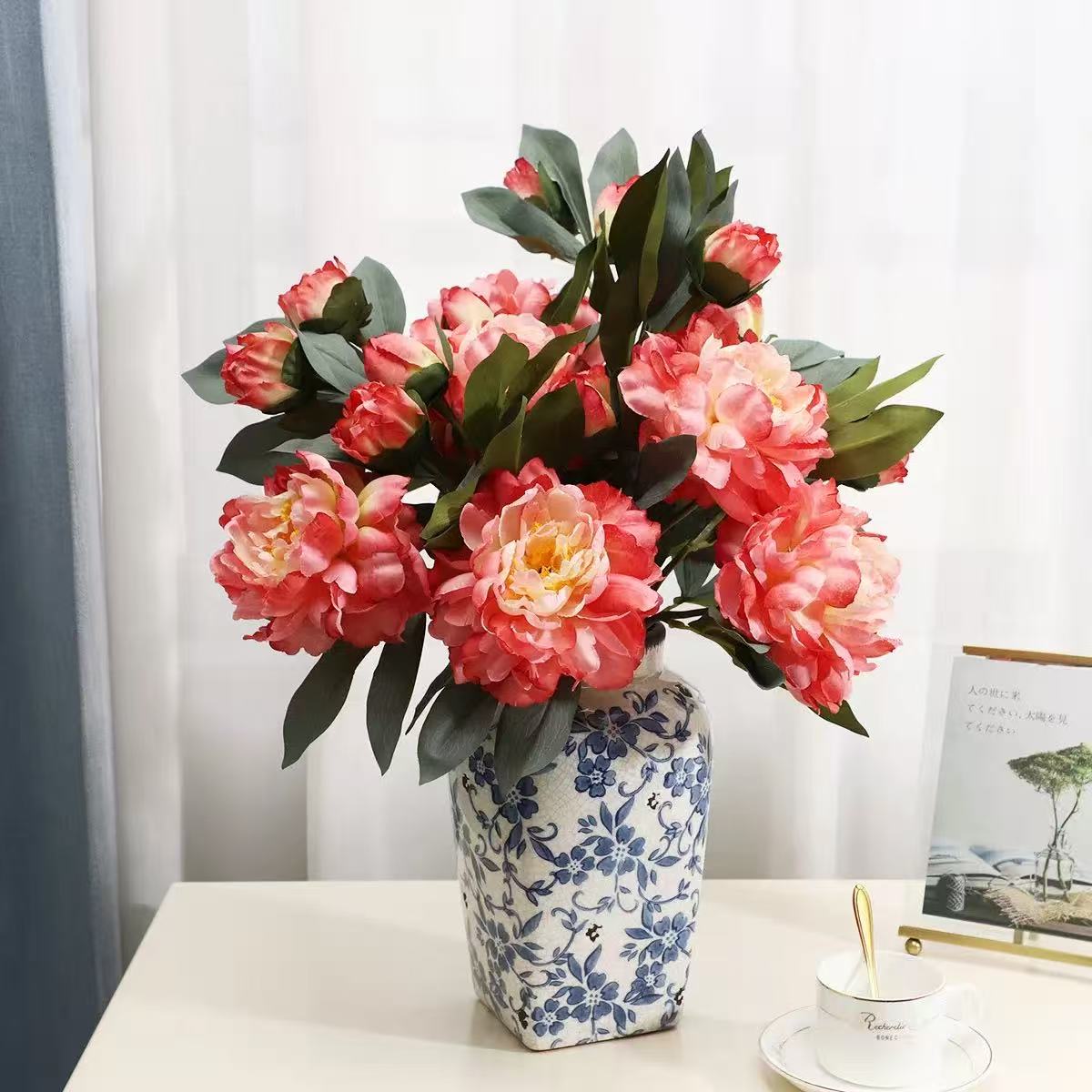 Rakuten - アーティフィプラントコーラルピンク牡丹造花 牡丹の 花の シミュレーションの 造花の 装飾 リビング ルームの 花束 テーブルフラワー アート デコレーション プラスチック フラワー フラワーアレンジメント 3本 5本 6本 10本セット
