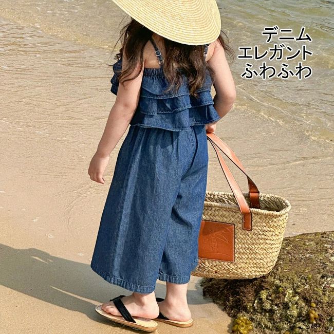Rakuten - 【送料無料】上下セット 子供服 こども 夏 女の子 ジンーズ デニム セットアップ キッズ 可愛い 袖なし キャミソール ふわふわ 薄手