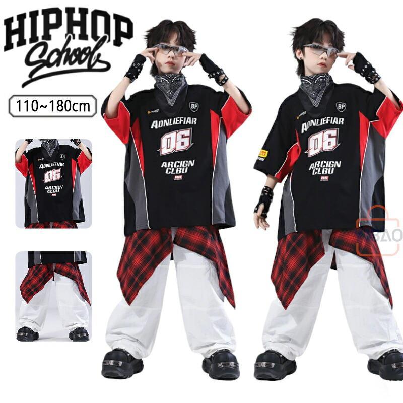 樂天商城 - キッズ ダンス 衣装 黒 白 赤 レーシングスーツ かっこいい 個性 腰巻風 韓国 おしゃれ 女の子 男の子 ダンス衣装 HIPHOP jazz 練習着