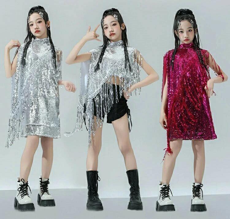 Rakuten - キラキラ キッズダンス 衣装 シルバー チア 銀 セットアップ スパンコール フリンジ へそ出し 韓国 hiphop 派手 アイドル ストリート系