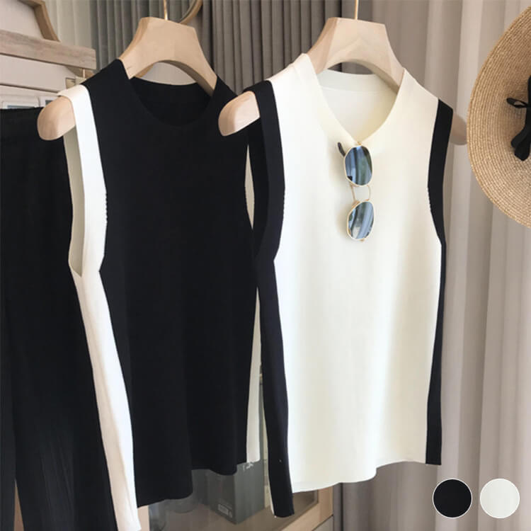 商品番号4640韓国デザインの上品エレガントなバイカラーニットタンクトップス。シンプルなリブニットのクルーネックが知的で上品なトップス。きめ細かで滑らかなサマーニット素材が快適なフィット感を。肩から裾までの両サイドラインをバイカラーで切り換えてメリハリを。サイドのバイカラーがすっきりと見せて痩せ見え効果。上品キレイなノースリーブニットです。サイズs(胸囲70cm/肩幅31cm/着丈56cm)m(胸囲74cm/肩幅32cm/着丈58cm)l(胸囲78cm/肩幅33cm/着丈60cm)素材レーヨン、ポリエステルカラーホワイト、ブラックお色に関しまして ・お客様のご覧になられますパソコン機器及びモニタなどの違い、また室内、室外での撮影により実際の商品素材の色と相違する場合もありますのでご了承ください。 なお著しい相違はございませんのでご安心ください。