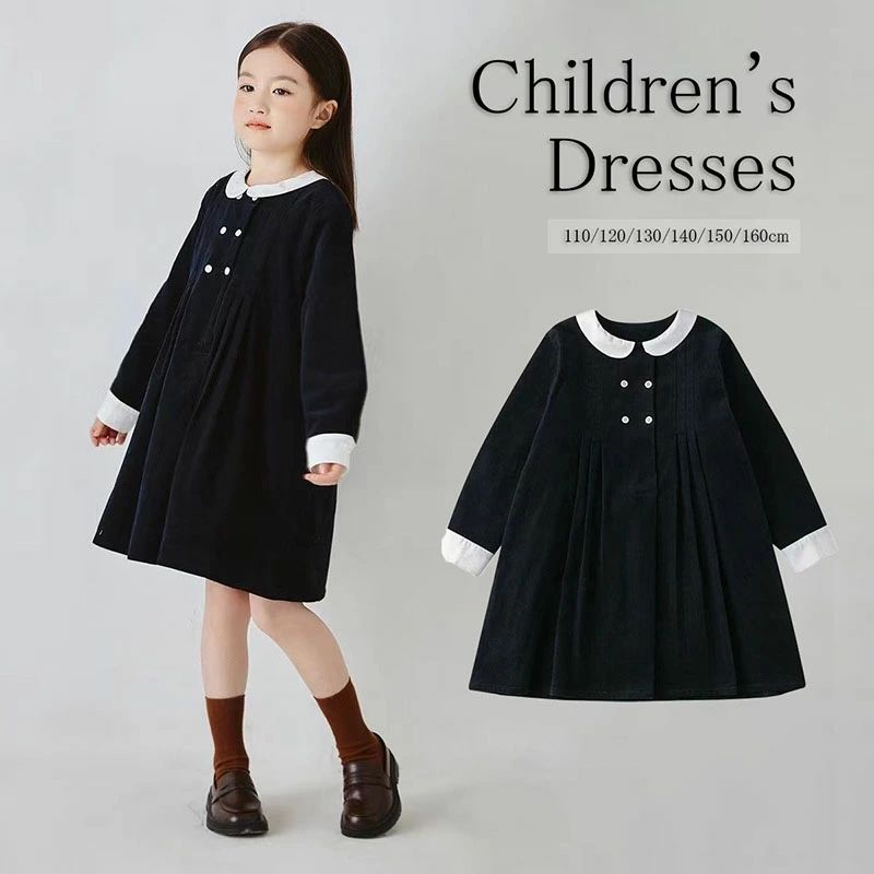 Bag - 子供服 ワンピース 女の子 2025秋冬 新作 コーデュロイ 長袖 フリル襟 配色 レトロ 可愛い 上品 清楚 スクール 大きいサイズ キッズ ジ