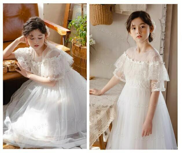 キッズワンピース 子供ドレス 半袖 プリンセスドレス チュールワンピース ロングワ...