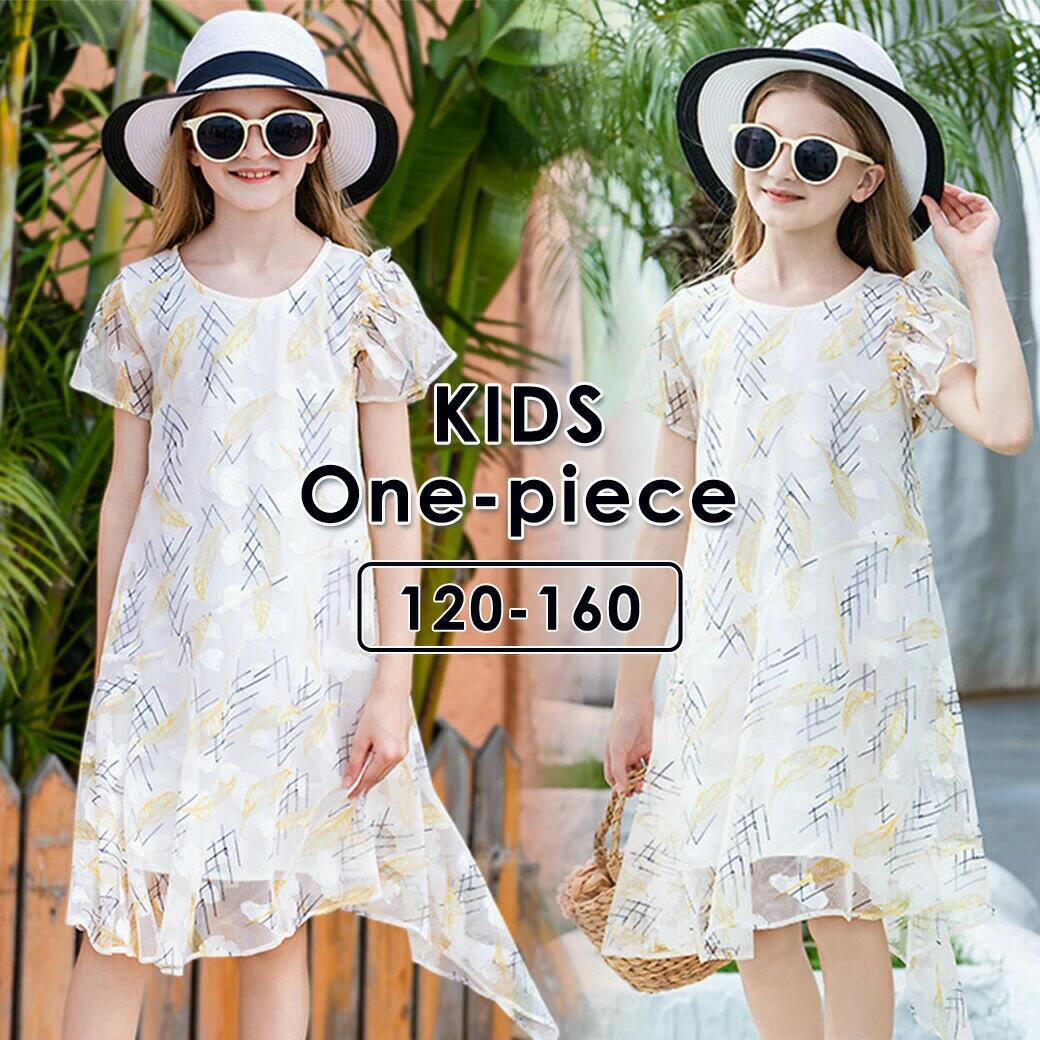 キッズ ワンピース 女の子 半袖 夏用ワンピ 夏服 ノースリーブ シフォンワンピ フリルワンピ ひざ丈ワンピ 膝丈 キッズウェア ホワイ