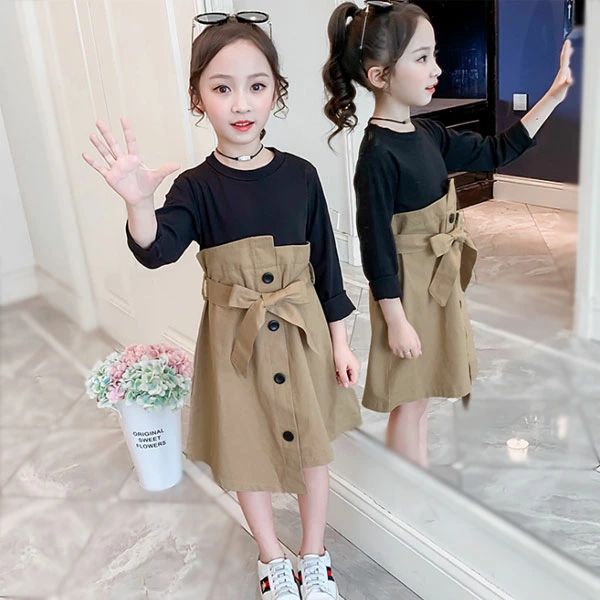 Other - ワンピース 女の子 長袖ワンピ 子供服 アンサンブル 膝丈上 春秋 オシャレ グリーン ページュ カジュアル系 キッズ ガールズ ワンピー