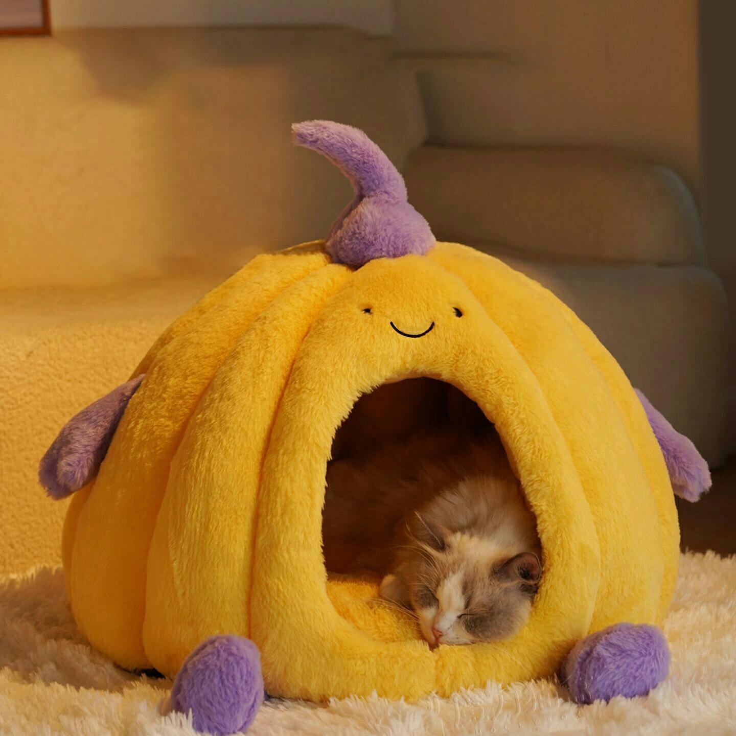 ペットベッド ドーム型 洗える 冬用 あったか 猫ハウス フワフワ クッション付き 保温 かわいい 南瓜デザイン 小型犬兼用 安心感のある