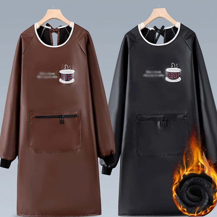 Cooking Apron - 防水 裏起毛 かっぽうぎ 長袖 エプロン 暖かい 裏起毛 割烹着 袖口リブ ジップポケット 撥水 冬用エプロン 秋冬 ビニール レザー 耐水