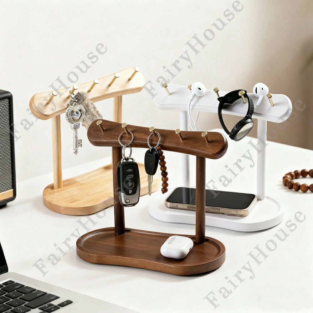キースタンド キー掛け おしゃれ 金メッキ鉄棒 木製 鍵 収納 木目調 キーフック スタンド 玄関 小物収納 鍵置き 北欧 鍵置き場 省スペー
