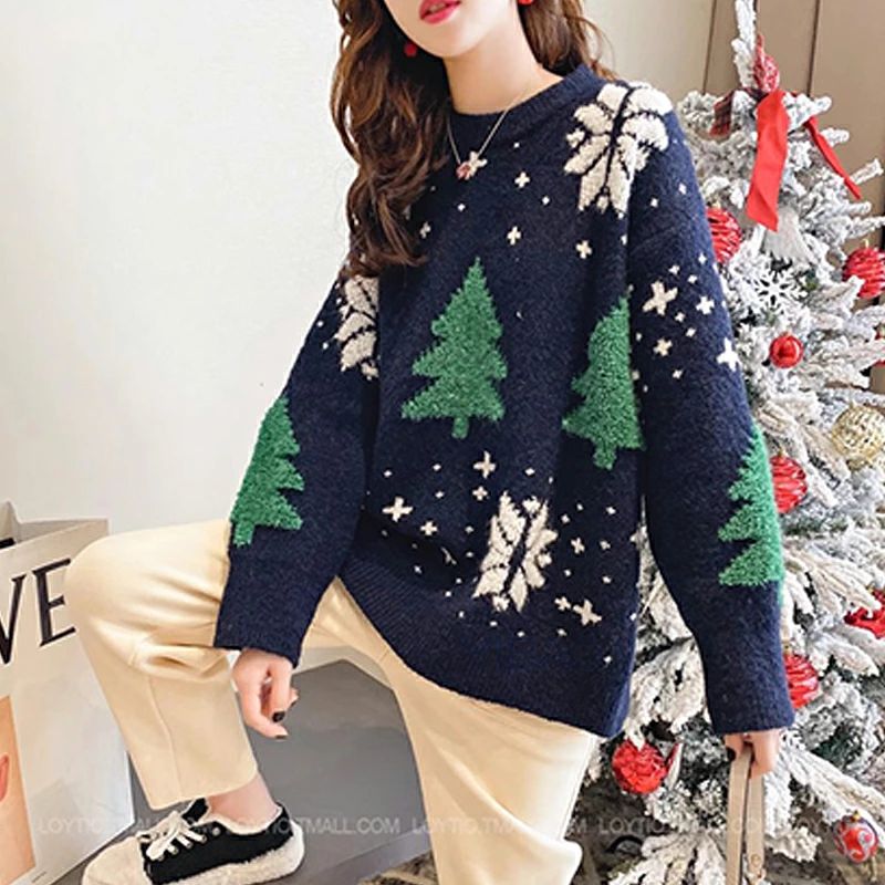 クリスマスツリー ニットセーター ニット トップス レディース カットソー ニットトップス リブ 厚手 ショート丈 長袖 プルオーバー ツ
