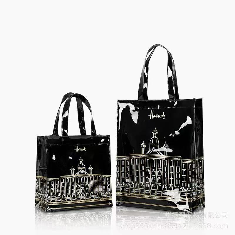 「送料無料」トートバッグ ハロッズ S/M/Lサイズ ショッピングバッグ レディース トートバッグ ファスナー付き 欧米風 バッグ ハンドバッグ ランチバッグ お弁当袋 撥水 防水 エコバッグ 軽量 大容量 自立 収納バッグ サブバッグ 通勤 おしゃれ かわいい ブラック
