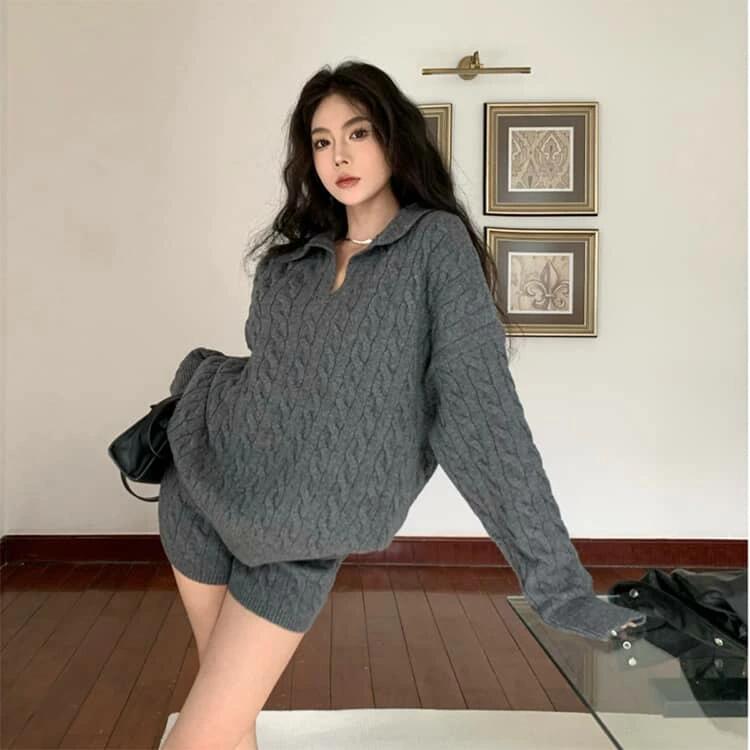 Rakuten - 上下セット パンツ 無地 ショートパンツ レディース ニット トップス 短パン セーター 秋冬 セットアップ パンツセット セーター シンプ