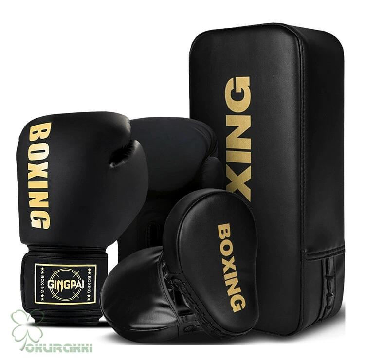 [商品仕様] ■ブランド名：BOXING ■商品内容：ボクシンググローブ、パンチングミット、キックミット 3点セット ■カラー：黒金 ブラック シルバー レッド ブルー ■サイズ：6oz 8oz 10oz 12oz ■素材：高耐久PUレザー、高密度EVAフォーム ■セット内容詳細： ・グローブ左右1ペア ・パンチングミット1ペア ・キックミット1点 [商品特徴] ◎お得な3点セット 　ボクシンググローブ・パンチングミット・キックミットがすべて揃う、 　初心者～上級者におすすめの本格トレーニングセット。 ◎抜群の衝撃吸収・安全性 　高密度EVAフォームとPUレザー仕様で、パンチ・キックの衝撃を強力吸収。トレーニングやスパーリングも安心です。 ◎耐久性・快適性 　傷や劣化に強い高品質PUレザー採用。通気性にも配慮され、長時間の使用でも快適。 ◎プロ仕様デザイン 　シックなブラック＆ゴールドで高級感抜群。トレーニングジムやご自宅、 　フィットネスでも映えるスタイリッシュなデザイン。 ◎幅広い用途に対応 　ボクシング、キックボクシング、ムエタイ、総合格闘技(MMA)、ダイエット、 　体力アップなど様々なトレーニングシーンで活躍。