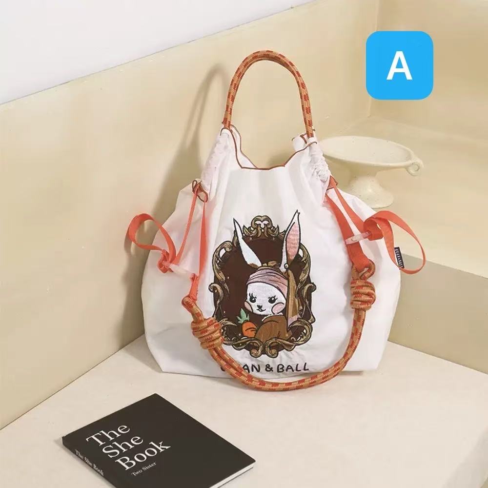 新品 ボールアンドチェーン 刺繍 ウサギ うさぎ 真珠の耳飾りの少女 フェルメール 名画 パロディ エコバッグ M/Lサイズ キャンバス 帆布バッグ 大容量 トートバッグ ナイロン 手提げバッグ 斜め掛けバッグ