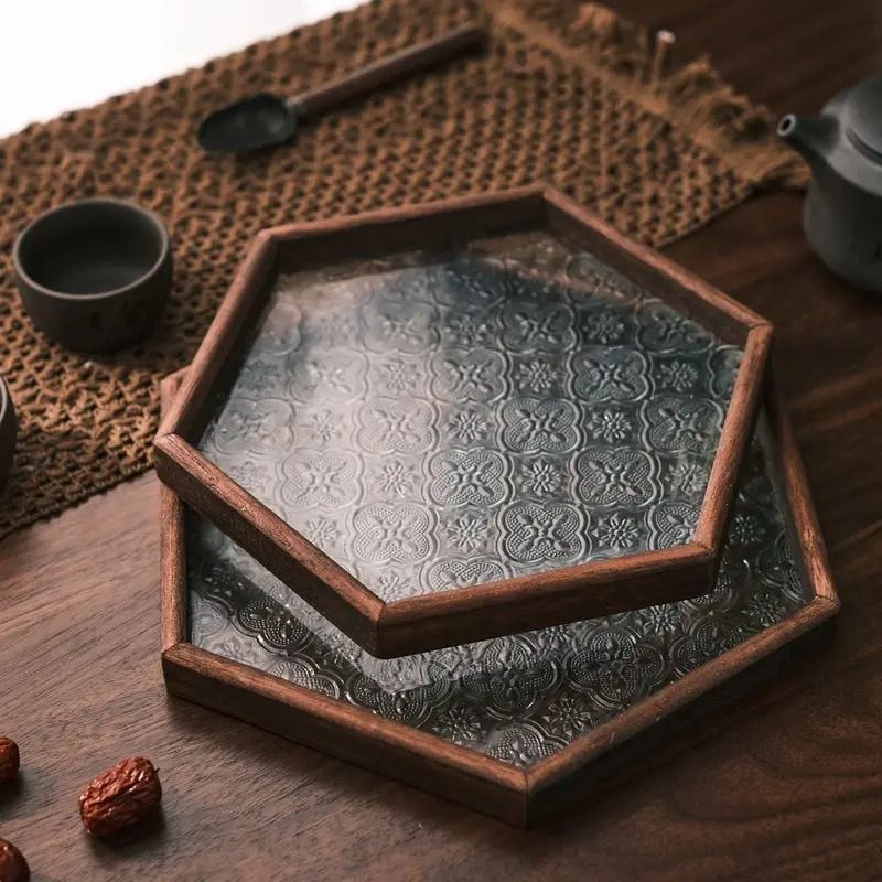 Rakuten - 六角形トレイ お盆 エンボスガラス 木製フレーム おしゃれ トレイ トレー 六角形 アンティーク調 レトロ デコレーションガラス コーヒートレー ティートレー お家カフェ インテリア 小物入れ 来客用