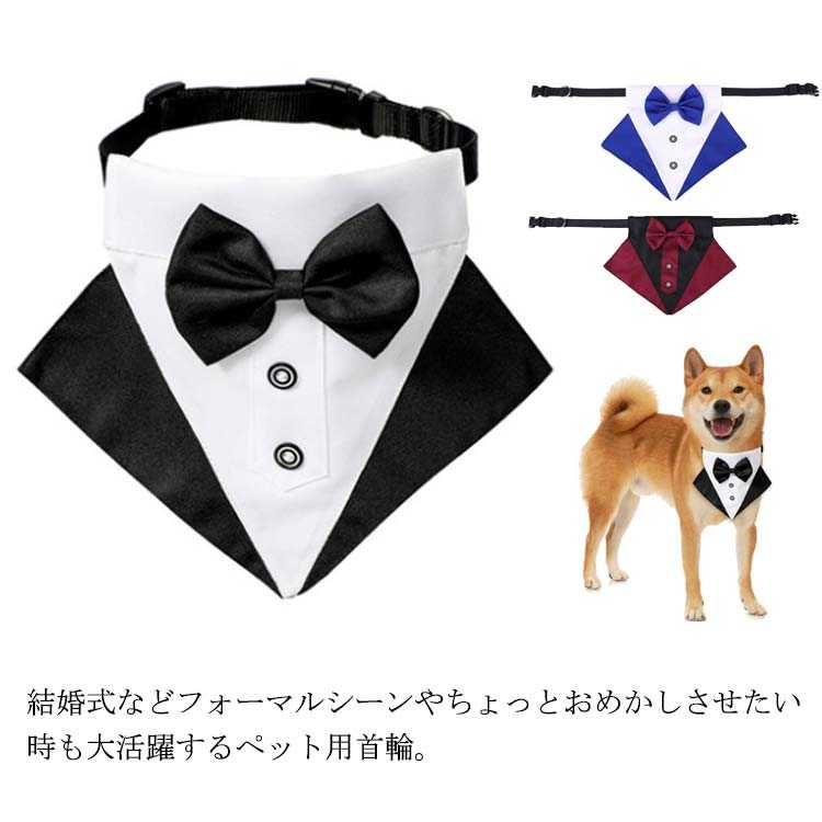 結婚式などフォーマルシーンやちょっとおめかしさせたい時も大活躍するペット用首輪。蝶リボン付きのスーツデザインが愛犬・愛猫をおしゃれに変身させてくれるスタイ。スタイ本体部分はコットン100％生地、通気性・吸水性に優れ、つけ心地がとても快適。ベルト部分は丈夫ナイロンで、全3サイズ展開、ねこや小型犬から中型犬・大型犬まで様々なペットに適応します。お出かけやお散歩する時、お手持ちのリードをつけることができます。 サイズS M Lサイズについての説明S 首回り最長40cm ベルト幅約1.5cm 中小型犬にお勧め M 首回り最長50cm ベルト幅約1.5cm 中型犬、大型犬にお勧め L 首回り最長60cm ベルト幅約2cm 大型犬、超大型犬にお勧め ※上記サイズは平置き実寸になります。 サイズ表の実寸法は商品によって多少の誤差がある場合がございます。素材本体：綿100％ ベルト：ナイロン色1 2 3 4 5備考 ●サイズ詳細等の測り方はスタッフ間で統一、徹底はしておりますが、実寸は商品によって若干の誤差(1cm～3cm )がある場合がございますので、予めご了承ください。 ●商品の色は、撮影時の光や、お客様のモニターの色具合などにより、実際の商品と異なる場合がございます。あらかじめ、ご了承ください。●製品によっては、生地の特性上、洗濯時に縮む場合がございますので洗濯時はご注意下さいませ。▼色味の強い製品によっては他の衣類などに色移りする場合もございますので、速やかに（脱水、乾燥等）するようにお願いいたします。 ▼生地によっては摩擦や汗、雨などで濡れた時は、他の製品に移染する恐れがございますので、着用の際はご注意下さい。▼生地の特性上、やや匂いが強く感じられるものもございます。数日のご使用や陰干しなどで気になる匂いはほとんど感じられなくなります。結婚式などフォーマルシーンやちょっとおめかしさせたい時も大活躍するペット用首輪。蝶リボン付きのスーツデザインが愛犬・愛猫をおしゃれに変身させてくれるスタイ。スタイ本体部分はコットン100％生地、通気性・吸水性に優れ、つけ心地がとても快適。ベルト部分は丈夫ナイロンで、全3サイズ展開、ねこや小型犬から中型犬・大型犬まで様々なペットに適応します。お出かけやお散歩する時、お手持ちのリードをつけることができます。 サイズ S M L サイズについての説明 S 首回り最長40cm ベルト幅約1.5cm 中小型犬にお勧め M 首回り最長50cm ベルト幅約1.5cm 中型犬、大型犬にお勧め L 首回り最長60cm ベルト幅約2cm 大型犬、超大型犬にお勧め ※上記サイズは平置き実寸になります。 サイズ表の実寸法は商品によって多少の誤差がある場合がございます。 素材 本体：綿100％ ベルト：ナイロン 色 1 2 3 4 5 備考 ●サイズ詳細等の測り方はスタッフ間で統一、徹底はしておりますが、実寸は商品によって若干の誤差(1cm～3cm )がある場合がございますので、予めご了承ください。 ●商品の色は、撮影時の光や、お客様のモニターの色具合などにより、実際の商品と異なる場合がございます。あらかじめ、ご了承ください。●製品によっては、生地の特性上、洗濯時に縮む場合がございますので洗濯時はご注意下さいませ。▼色味の強い製品によっては他の衣類などに色移りする場合もございますので、速やかに（脱水、乾燥等）するようにお願いいたします。 ▼生地によっては摩擦や汗、雨などで濡れた時は、他の製品に移染する恐れがございますので、着用の際はご注意下さい。▼生地の特性上、やや匂いが強く感じられるものもございます。数日のご使用や陰干しなどで気になる匂いはほとんど感じられなくなります。