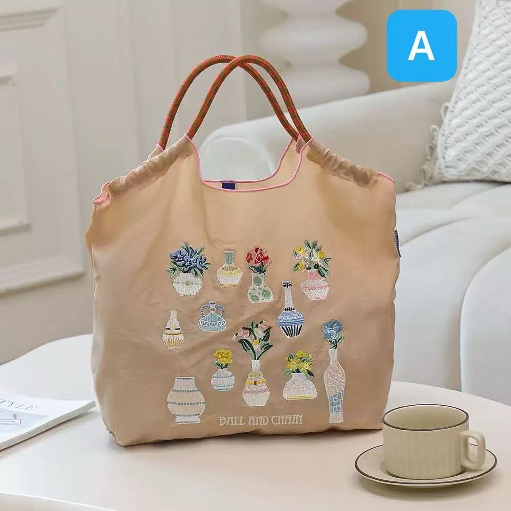 Rakuten - ボールアンドチェーン 刺繍 花瓶 フラワー ベース 花柄 ボタニカル エコバッグ M/Lサイズ キャンバス 帆布バッグ 大容量 トートバッグ ナイロン 手提げバッグ 斜め掛けバッグ