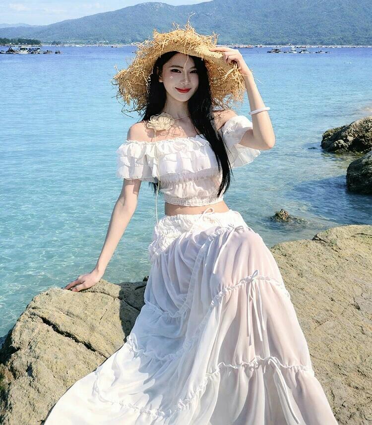 ビキニ オフショルダー 水着 レディース 体型カバー ブラ ショーツ ティアード スカート 3点セット セパレート シアー スパンコール ラ rsshopp-10017334 RSショップ楽天市場店 サンプル画像2