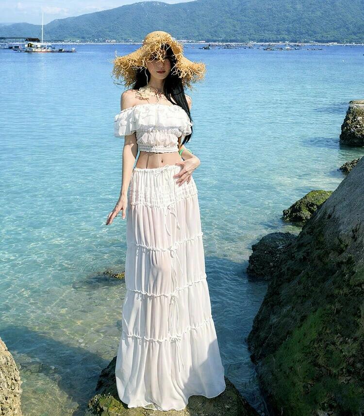 ビキニ オフショルダー 水着 レディース 体型カバー ブラ ショーツ ティアード スカート 3点セット セパレート シアー スパンコール ラ rsshopp-10017334 RSショップ楽天市場店 サンプル画像3