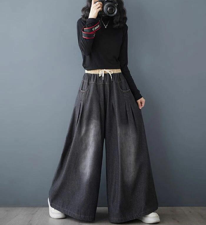 Skirts - デニムスカーチョ 裏起毛 レディース ジーンズ スカーチョ ロングパンツ ワイドパンツ デニムパンツ きれいめ 股上深め 大きいサイズ 秋