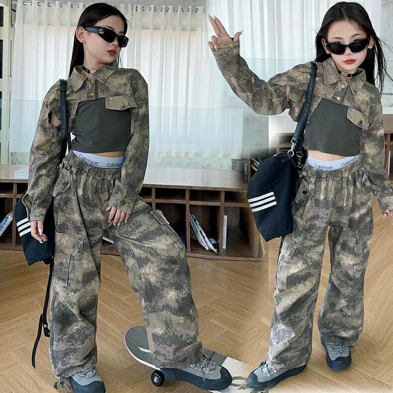 Rakuten - 送料無料 韓国 子供服 キッズ ダンス 衣装 ヒップホップ ガールズ 長袖 ロングパンツ トップス HIPHOP 3点セット:トップス＋タン