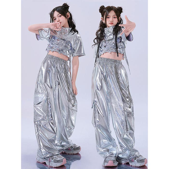 其它 - 子どもストリートダンス キッズ ジャズダンス ヒップホップ 女の子 半袖tシャツ キャミソール スパンコール カーゴパンツ ピカピカ 光沢