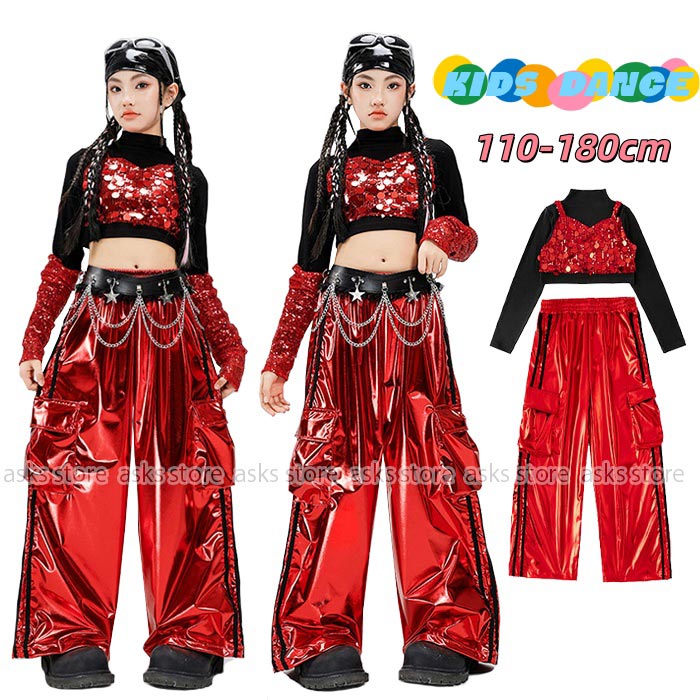 Rakuten - 女の子 ジャズダンス衣装 ヒップホップ スパンコール セットアップ トップス 長袖 へそ出し カーゴパンツ 光沢感 ストリートダンス ステ
