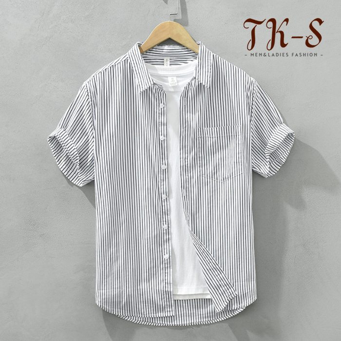 樂天商城 - M-3XL 半袖シャツ メンズ カジュアル 開襟シャツ レギュラーカラーシャツ スリム ストライプ 春 夏 綿100% メンズ シャツワイシャツ 半