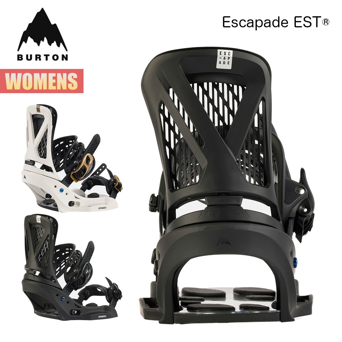 23-24モデル■WOMEN'S BURTON ESCAPADE EST SNOWBOARD BINDING （レディース バートン エスカペード EST スノーボード バインディング） ウィメンズ ビンディン The Channelボードにのみ対応 【カラー】 ・Fade To Black（ブラック系 ） ・White / Gold（ホワイト系） 【サイズ】バインディング&ブーツサイズ ・S = 21-23cm / US4-6 ・M = 23-25cm / US6-8 ・L = 25cm+ / US8+ 究極のコントロールと優れた快適性を実現した、オールラウンドなデザイン。 ライトウェイト、強力、地形を問わないパフォーマンス。ウィメンズ Burton エスカペイド EST スノーボード バインディングは、全てを求める女性にとって唯一の選択肢です。Lexaバインディングに比較して、わずかに柔らかく、より自由度が高く、より軽量で、最高の快適さと自由な感覚の完璧なバランスを達成しています。アンクルストラップのハンモックテクノロジーは、キックバックハンモックのハイバックとスーパーグリップ キャップストラップとの組合せにより、文字通りシームレスな快適さと応答性でブーツ全体を包み込みます。ESTモデルは、The Channelマウンティングシステムを備えたボードとの組合せで究極の柔軟性、フィーリング、調節機能を発揮します。 ●マウンティング：EST ●レスポンス：Medium ●ベースプレート ・様々な地形で安定したレスポンスを提供するシングルパーツ構造のベースプレート ・足下から硬いものを取除き、代わりにクッションを敷くことで、さらなるフレックスやボードフィール、スタンス調節を提供するESTバインディング ・プレイフルなレスポンスを提供するショートファイバーグラス30% &ナイロン合成素材 ●ハイバック ・人間工学に基づき設計され、脚の自然な曲線にフィットし、操作性と快適性を最大化する傾角ハイバック ・完全なる垂直で、プレイフルでリラックスした感覚が好きなライダーに適したゼロフォワードリーン ・ヒールを優しく包み込むようにホールドしつつ、サスペンションのような働きもし、内側のスプリングとオーバーモールドされたラバー製ハンモックが相互に作用し合うことでレスポンスが劇的に向上し、衝撃を吸収するキックバックハンモック ・プレートをスライドさせるだけでフォワードリーンのアングルを調節できるMicroFLAD ●アンクルストラップ：必要最低限の素材で最高レベルのレスポンスを実現し、縫い目のないナイロン製クロススパインが、よりダイレクトなボードとのコネクションを生み出すハンモックストラップ ●トウストラップ：廃棄物削減のためインジェクション構造を採用し、ラバーをオーバーモールドすることでストラップの位置をキープしてグリップ力を高め、ブーツのトウをしっかり包み込むスーパーグリップキャップストラップ2.0 ●バックル：従来のバックルより少ない操作でバインディングをタイトに締めることができ、耐久性や装着スピード、使いやすさにおいて、業界で類を見ないダブルテイクバックル ●クッション ・緻密な計算に基づき配置されたEVAがプレッシャーポイントへのクッションとして機能するのに加え、トップのクリアな素材はライダーのウェイトを分散する女性専用PodBED クッション ・度重なる衝撃によって劣化したり、寒さで硬くなったりすることもない究極の衝撃吸収性を誇るB3ジェルのクッション ●Burtonワランティ ・ベースプレート: ライフタイムワランティ対象 ・ストラップ&ハイバック: 1年保証（購入日から） ■注意点 ◆画面上と実物では多少色具合が変わって見える場合もあります。ご了承ください。 ◆この商品は当店実店舗でも販売しております。 在庫数の更新は随時行っておりますが、お買い上げいただいた商品が、品切れになってしまうこともございます。 その場合、お客様には必ず連絡をいたしますが、万が一入荷予定がない場合は、 キャンセルさせていただく場合もございます。 あらかじめご了承ください。 ＊AY＊メーカー希望小売価格はメーカーカタログに基づいて掲載しています。