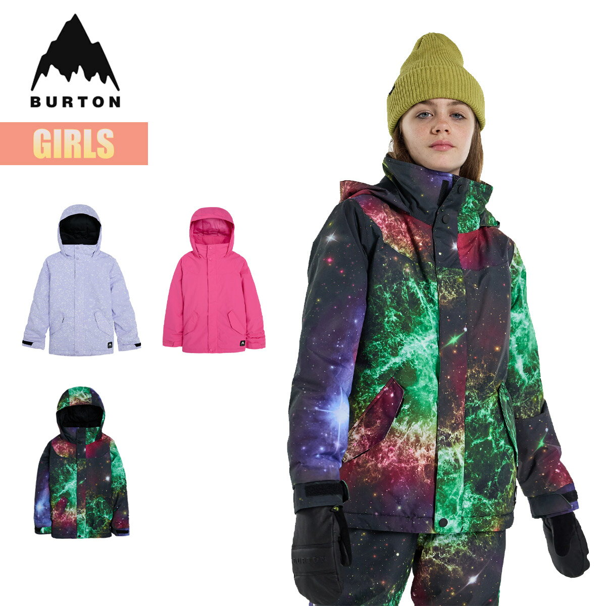 23-24モデルUS size商品■Girls' Burton Elodie 2L Jacket （ガールズ Burton エロディ 2レイヤー ジャケット） 【カラー】 ・Fuchsia Fusion（ピンク系） ・Stardust（パープル系 ） ・Painted Planets（マルチカラー/総柄） ※柄の出方は生地の裁断により一点一点異なります。柄の繋ぎ目は全ては合っておりません。ご指定は出来ませんのでご了承の上お買い求め下さい。 【実寸サイズ】(cm) ・XS = 着丈:56/肩幅:34/身幅:46/裄丈:67 ・S = 着丈:61/肩幅:35.5/身幅:47/裄丈:68 ・M = 着丈:64.5/肩幅:36.5/身幅:47.5/裄丈:72.5 ・L = 着丈:68.5/肩幅:37/身幅:51.5/裄丈:73.5 ・XL = 着丈:73/肩幅:39/身幅:54/裄丈:78 ※実際の商品を平置きした状態でメジャーにて採寸しています。 ※商品によっては若干の誤差が生じる可能性があります。 ————————————————— 【サイズ目安】cm (体重kg) ・XS = 120/身長117-127/体重20-22/胸囲60-62/ウエスト55-57/ヒップ60-64/股下51-59 ・S = 130/身長127-137/体重22-31/胸囲62-67/ウエスト57-62/ヒップ64-71/股下61-62 ・M = 140/身長137-147/体重29-39/胸囲67-72/ウエスト62-67/ヒップ71-77/股下65-66 ・L = 150/身長147-157/体重39-45/胸囲72-80/ウエスト67-72/ヒップ77-84/股下70 ・XL = 160/身長157-168/体重41-52/胸囲80-88/ウエスト72-77/ヒップ84-90/股下74-79 ※胸囲：胸の最も高い位置。 ※ウエスト：自然な状態のウエスト周り。 ————————————————— キュートなガールズには、心地良い保温性とキッズ仕様の機能を備えたジャケットを。使いやすさを重視したポケットに、冬の思い出をいっぱい詰め込もう。 クラシックなスタイルと技ありデザインが特徴的なガールズ バートン エロディ ジャケットは、オンスノーでもオフスノーでも、そのフレッシュなルックスのおかげでどんなボトムスともマッチします。防水性と透湿性に優れたDRYRIDE 2レイヤー素材は、友達のジャケットよりはるかにドライな環境をキープ。少量でも温かいThermacoreインサレーションをエリアごとに適量配置することで、保温性と動作性をバランス良く提供します。さらに、ヘルメット対応フードをはじめ、数シーズンにわたり着用できるよう袖を長くできるRoom-To-Growシステムなど、盛りだくさんの機能を備えたマルチタレントなジャケットです。 ●ちょうど良いシルエットのレギュラーフィット ●防水性や透湿性、速乾性に優れたDRYRIDE 2レイヤー素材（10,000mm/5,000g） ●PFCフリーの撥水加工 ●雪や雨をシャットアウトする重要なエリアのシームテープ加工 ●優れた保温性を提供するThermacoreインサレーション（ボディに100g / 袖に80g） ●タフタライナー（ナイロン） その多くが合成繊維をブレンドして作られているタフタライナーは、何よりも高級感が最大の特長です。独特の手触りと光沢はプリントにも最適で、他のライナーと同様に、優れた吸汗性と透湿性、保温性を備えています。 ●ドロップ構造のヘルメット対応コンツアーフード ●摩擦を軽減するチンガード ●腕を約4cm長くすることができ、成長に対応するRoom-To-Growシステム ●ジャケットとパンツをつなぐインターフェイスが付いた人間工学的撥水ウエストゲーター ●調節可能な袖口 ベルクロで袖口を閉めれば、雪や雨、冷たい空気の侵入をシャットアウトできます。 ●ポケットからアクセスできる裾のドローコード ●グローブループ ●チケット用Oリング ●胸のヘッドホンケーブルポート付きベルクロポケット / 内側のフラッシュパスポケット / マイクロフリースライナーのジップハンドウォーマーポケット ●ライフタイムワランティ対象 実質的な寿命までの期間、素材および製造上の欠陥がないことを保証します。誤用、乱用、事故、不注意、経年利用によるものと考えられる摩耗による破損は制限付きライフタイムワランティの対象外となりますが、修理可能な場合には妥当な代金にて修理を承ります。 ■注意点 ◆画面上と実物では多少色具合が変わって見える場合もあります。ご了承ください。 ◆この商品は当店実店舗でも販売しております。 在庫数の更新は随時行っておりますが、お買い上げいただいた商品が、品切れになってしまうこともございます。 その場合、お客様には必ず連絡をいたしますが、万が一入荷予定がない場合は、 キャンセルさせていただく場合もございます。 あらかじめご了承ください。 スノボ スノーボード スノーボードジャケット スノーウェア スノージャケット 子供 キッズ ジュニア 女の子 女子 ガールズ ＊AY＊メーカー希望小売価格はメーカーカタログに基づいて掲載しています。