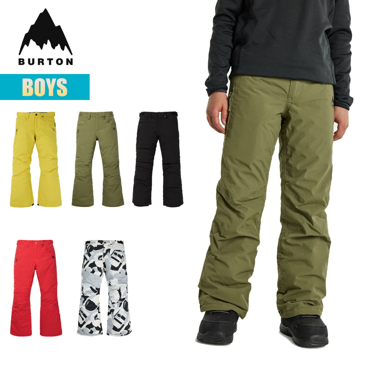 23-24モデルUS size商品■BOYS' BURTON BARNSTORM PANT （ボーイズ バートン バーンストーム パンツ） 【カラー】 ・True Black（ブラック系） ・Martini Olive（カーキ系） ・Tomato（レッド系） ・True Black Cosmoblock（グレー系/総柄） ・Sulfur（イエロー系） ※柄の出方は生地の裁断により一点一点異なります。柄の繋ぎ目は全ては合っておりません。ご指定は出来ませんのでご了承の上お買い求め下さい。 【実寸サイズ】(cm) ・XS = ウエスト周り:64ヒップ周り:82/股上:28/股下:49/膝周り:44/裾周り:48 ・S = ウエスト周り:68/ヒップ周り:84/股上:29/股下:52膝周り:42/裾周り:47 ・M = ウエスト周り:72/ヒップ周り:90/股上:32/股下:59/膝周り:48/裾周り:52 ・L = ウエスト周り:76/ヒップ周り:94/股上:34/股下:65/膝周り:50/裾周り:53 ・XL = ウエスト周り:83/ヒップ周り:100/股上:35/股下:72.5/膝周り:53/裾周り:54 ※実際の商品を平置きした状態でメジャーにて採寸しています。 ※商品によっては若干の誤差が生じる可能性があります。 ————————————————— 【サイズ目安】cm (体重kg) ・XS = 120/身長117-127/体重20-22/胸囲60-62/ウエスト55-57/ヒップ60-64/股下51-59 ・S = 130/身長127-137/体重22-31/胸囲62-67/ウエスト57-62/ヒップ64-71/股下61-62 ・M = 140/身長137-147/体重29-39/胸囲67-72/ウエスト62-67/ヒップ71-77/股下65-66 ・L = 150/身長147-157/体重39-45/胸囲72-80/ウエスト67-72/ヒップ77-84/股下70 ・XL = 160/身長157-168/体重41-52/胸囲80-88/ウエスト72-77/ヒップ84-90/股下74-79 ※胸囲：胸の最も高い位置。 ※ウエスト：自然な状態のウエスト周り。 ————————————————— 真冬でも、ノンストップで雪遊びさせてあげましょう。 カジュアルなスタイルで脚を暖かくドライに保つ機能性を備えた、ボーイズ Burton バーンストーム 2L パンツ。DRYRIDE 2レイヤー素材を使用し、全ての縫い目にシームテープ加工を施して雨や雪を完全にブロック。Thermacoreインサレーションが寒さをシャットアウトし、楽にレイヤリングできる余裕のあるフィットです。さらに、成長に対応できるようレングスを伸ばせるRoom-To-Growシステムも採用しました。このパンツは、人々や地球に対する最も厳格な安全性を約束するbluesign®の認証を受けたプロダクトです。 ●ちょうど良いシルエットのレギュラーフィット ●防水性や透湿性、速乾性に優れたDRYRIDE 2レイヤー素材（10,000mm/5,000g） ●PFCフリーの撥水加工 ●全ての縫い目にシームテープ加工を施し、悪天候をブ完全ブロック ●優れた保温性を提供するThermacoreインサレーション（60g） ●タフタライナー（ナイロン） ●脚を約4cm長くすることができ、成長に対応するRoom-To-Growシステム ●Anti-Scuffカフ / カフエレベーター ●耐水ブーツゲーター ●ベルクロで調節可能なウエスト ●腿のジップポケット / マイクロフリースライナーのハンドウォーマーポケット / バックのベルクとポケット ●ライフタイムワランティ対象 実質的な寿命までの期間、素材および製造上の欠陥がないことを保証します。誤用、乱用、事故、不注意、経年利用によるものと考えられる摩耗による破損は制限付きライフタイムワランティの対象外となりますが、修理可能な場合には妥当な代金にて修理を承ります。 ■注意点 ◆画面上と実物では多少色具合が変わって見える場合もあります。ご了承ください。 ◆この商品は当店実店舗でも販売しております。 在庫数の更新は随時行っておりますが、お買い上げいただいた商品が、品切れになってしまうこともございます。 その場合、お客様には必ず連絡をいたしますが、万が一入荷予定がない場合は、 キャンセルさせていただく場合もございます。 あらかじめご了承ください。 スノボ スノーボード スノーボードパンツ スノーウェア スノーパンツ 子供 キッズ ジュニア 男の子 男子 ボーイズ ＊AY＊メーカー希望小売価格はメーカーカタログに基づいて掲載しています。