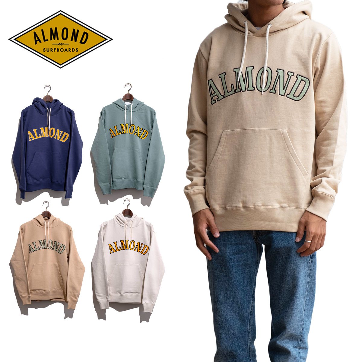 アーモンド サーフ パーカー メンズ カレッジフーディー トップス Almond Surfboards & Design College Hoodie プルオーバー スウェット カレッジ風ロゴ サーフィン サーファー 厚手 ベージュ ホワイト ネイビー グリーン 2022 秋冬