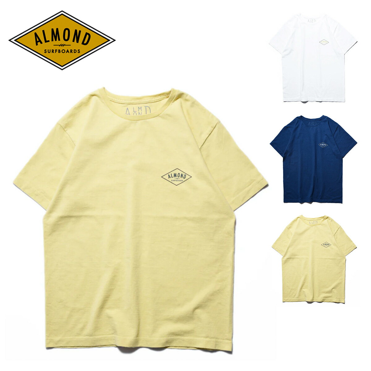 アーモンド サーフボード Tシャツ トップス Almond Surfboards DECADES 半袖 ロゴプリント ブランドロゴ ワンポイント コットン 日本製 サーフィン サーファー ホワイト ネイビー イエロー ユニセックス TS1003 2024 SS 春夏 正規品