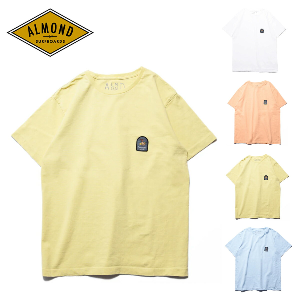 アーモンド サーフボード Tシャツ トップス Almond Surfboards EARLY&OFTEN PATCH 半袖 ペリカン ブランドロゴ コットン 日本製 サーフィン サーファー ホワイト オレンジ イエロー ブルー ユニセックス TS1011 2024 SS 春夏 正規品