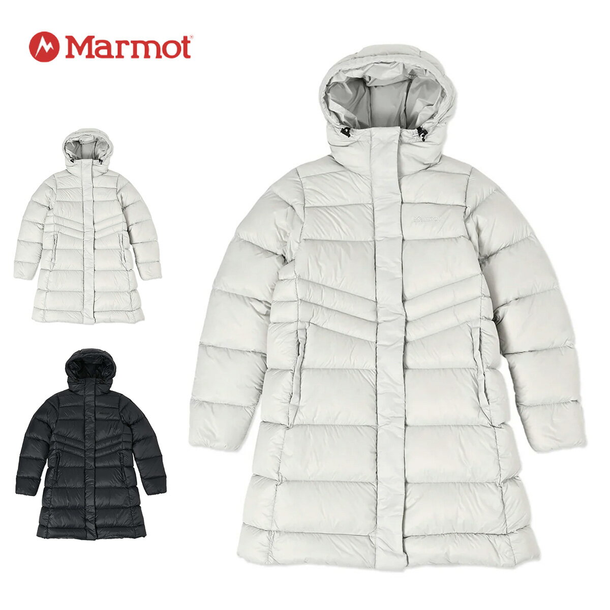 マーモット ダウンジャケット レディース Marmot W’s 750FP Hood Long Jacket ウィメンズ 750フィルパワーフードロングジャケット 撥水 防寒 ロング丈 スタイルアップ アウトドア キャンプ ブラック グレー TSAWD021 2024 FW 秋冬 正規品