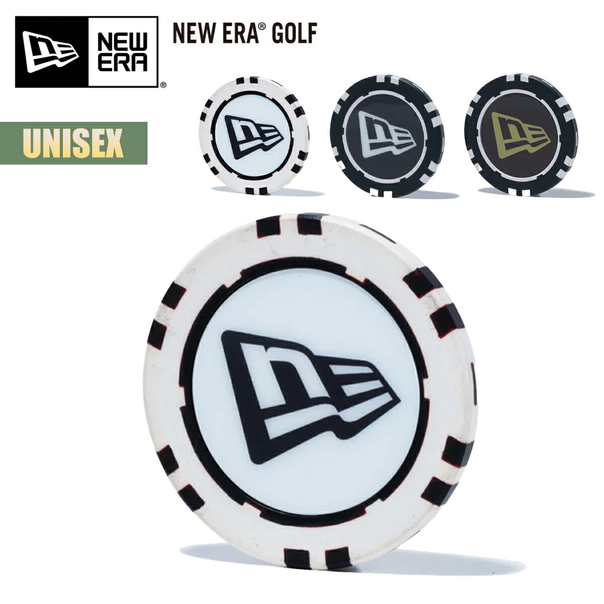 ■NEW ERA GOLF Chip Marker ニューエラゴルフ チップマーカー フラッグロゴ 【WHI BLK】 カラー：ホワイト 商品番号：14110183 【BLK WHI】 カラー：ブラック 商品番号：14110184 【BLK GLD】 カラー：ブラック 商品番号：14110185 素材：クレイ/ポリプロピレン（スチール内蔵） ポーカーチップマーカー。グリーン上で自分のボールがあった位置に目印をつけるためのアイテム。ラスベガスやマカオを始め、世界130カ国のカジノで採用されている「マツイゲーミング」製。 ◆ヤマト運輸『クロネコゆうパケット発送商品』です◆ 『クロネコゆうパケット』はポスト投函のため、日時指定、代引きでのお支払いは対応していません。 ◎代引きでご注文される場合 ・代引き手数料￥330 ・￥3980(税込)未満の商品には送料￥770（北海道・離島￥1100） 別途ご請求となります。 ヤマト運輸が荷物を預かり、日本郵便に差し出し、日本郵便の配送網を活用して荷物をお届けいたします。荷物の追跡可能です。 商品を店舗から発送したのち、 3日～1週間ほどで、郵便局の配達員が郵便受けにお届けとなります。 ※お届け先が遠方や離島の場合、さらに日数を要する場合がございます。 ※商品の厚みにより箱と商品をバラして梱包させていただく場合がございます。 ■注意点 ◆画面上と実物では多少色具合が変わって見える場合もあります。ご了承ください。 ◆この商品は当店実店舗でも販売しております。 在庫数の更新は随時行っておりますが、お買い上げいただいた商品が、品切れになってしまうこともございます。 その場合、お客様には必ず連絡をいたしますが、万が一入荷予定がない場合は、 キャンセルさせていただく場合もございます。 あらかじめご了承ください。 ＊AIN＊メーカー希望小売価格はメーカーカタログに基づいて掲載しています。