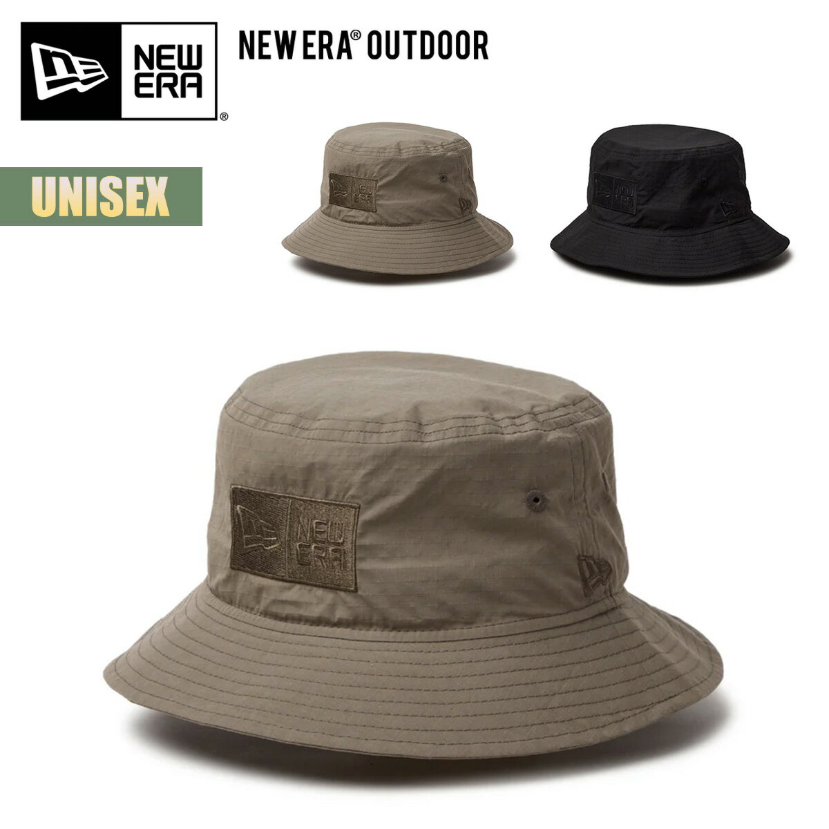 楽天masa surf and snow【お買い物マラソンP10倍】ニューエラ アウトドア ハット 帽子 NEW ERA OUTDOOR バケット01 Tonal Box Logo CORDURA Organic Cotton トーナル ボックスロゴ コーデュラ コットン 抗菌 手洗い ユニセックス グレー ブラック 14392177 14392178 2025 SS 春夏 正規品