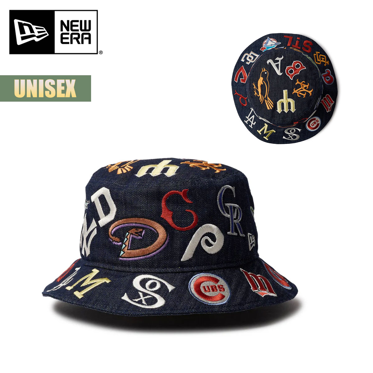 【お買い物マラソンP5倍】ニューエラ ハット 帽子 バケット01 Team Logo Allover MLB クーパーズタウン インディゴデニム NEW ERA バケットハット チームロゴ ユニセックス バケハ 14388540 2025 春夏 SS 正規品