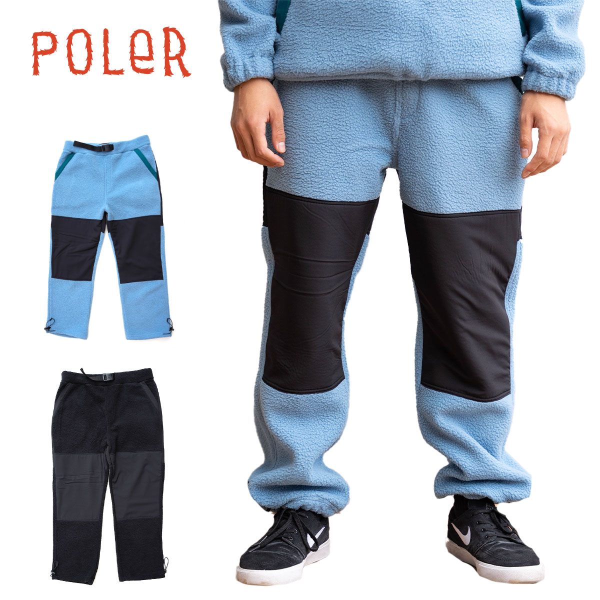 ポーラー フリースパンツ メンズ POLER SHERPA FLEECE PANTS シェルパ ロングパンツ ロゴ アウトドア 登山 防寒具 スキー スノーボード ストリート ウェア メンズ ブルー ブラック セットアップ POLeR 2023 秋冬 FW AW 正規品