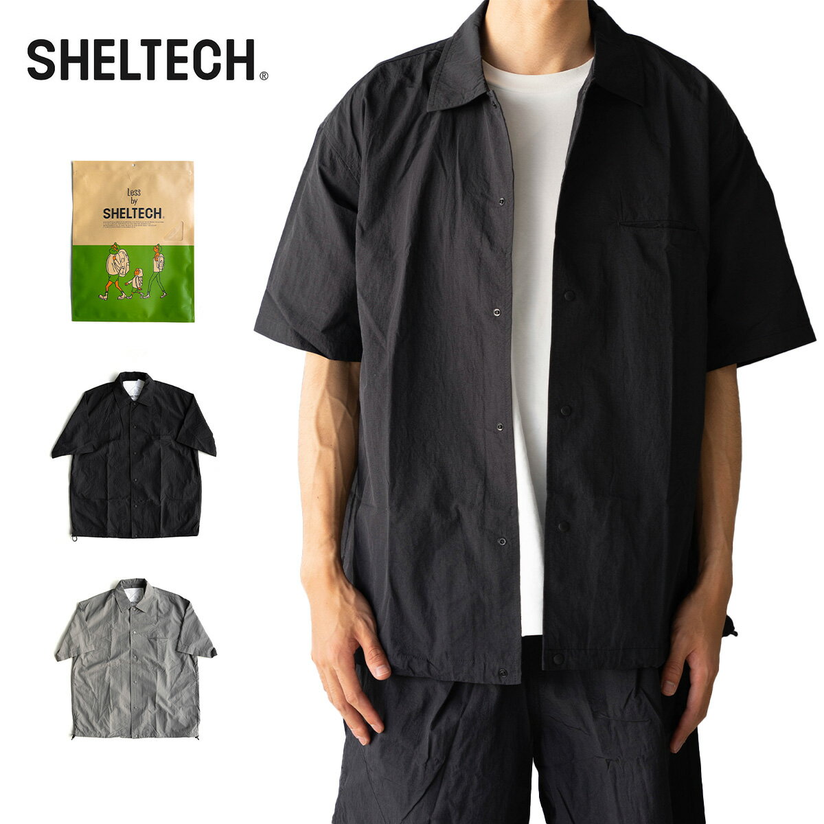 楽天masa surf and snowシェルテック シャツ メンズ Sheltech Snap Shirt スナップ シャツ 半袖 トップス 無地 機能素材 接触冷感 軽量 吸収 速乾 紫外線防止 ドローコード カジュアル シンプル スポーティー ブラック グレー SHL24SS007 2024 SS 春夏 正規品