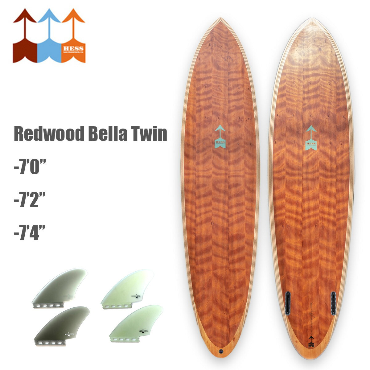 【お買い物マラソンP10倍】ヘス サーフボード HESS SURFBOARDS レッドウッド ベラ ツイン ウッドボード 木製 Redwood Bella Twin ダニーヘス 7.0ft 7.2ft 7.4ft ファンボード ツインフィン付き