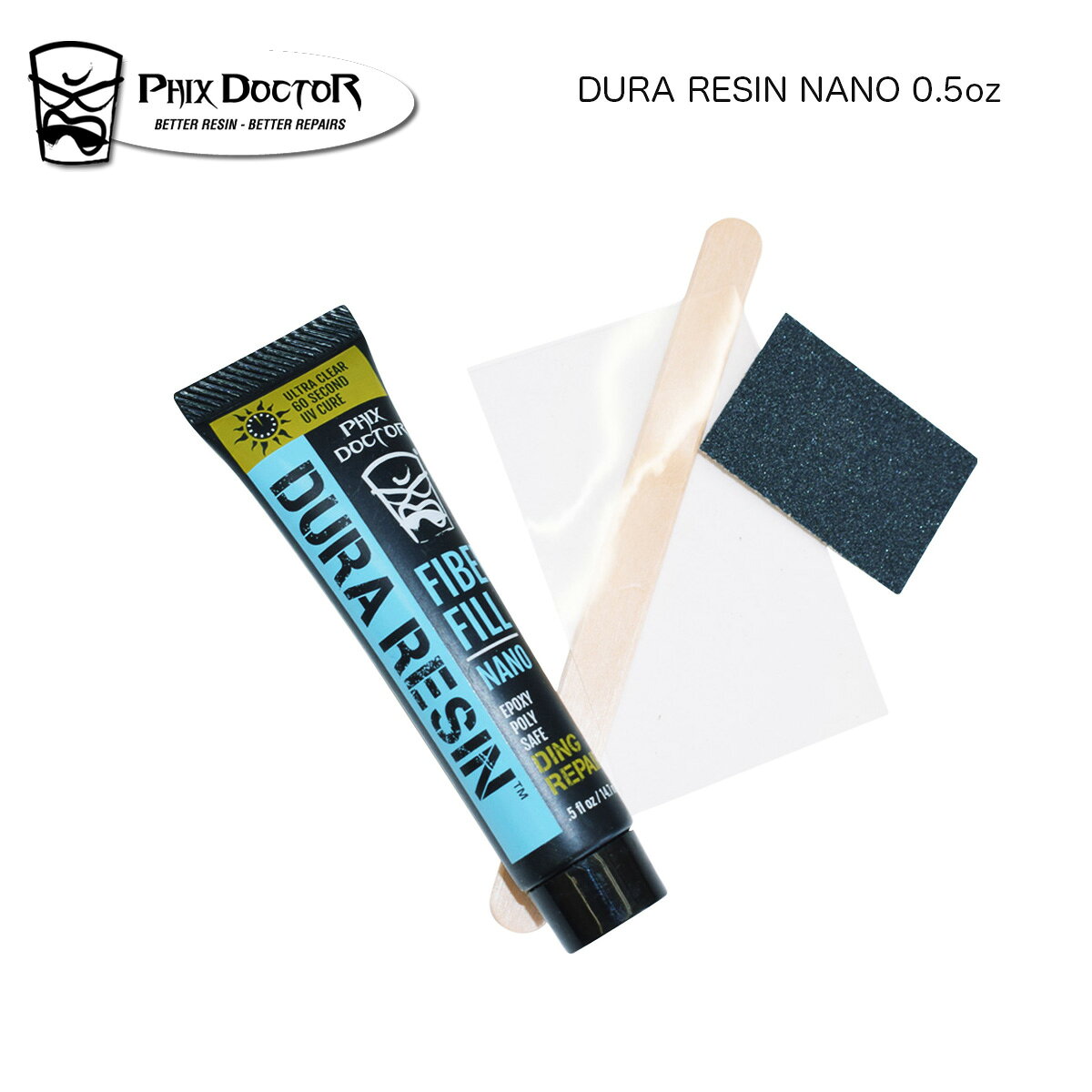 ■PHIX DOCTOR DURA RESIN NANO 0.5oz PU/EPS サーフボード修理剤 フィックスドクター デュラレジン (DURA REZN）は、誰でも簡単にサーフボードの修理ができるよう設計されたチューブタイプのサーフボード修理剤です。EPS（エポキシ）・PU（ポリウレタン）素材のどちらでも使えるので、「サーフボードが溶けてしまった・・。」という失敗がありません。 【 仕様 】 ・デュラレジンのチューブタイプで最小モデル ・エポキシ＆ポリエステルの両方に使えるソーラーレジン ・UV硬化型レジン ・クリアカラー ・両面ヤスリパッド付き ・ヘラ、カバーシート付き ・0.5oz/14.8ml ＊商品のデザイン・内容・仕様は予告なく変更になる場合があります。あらかじめご理解ください。 ◆ヤマト運輸『ネコポス発送商品』です◆ 『ネコポス』はポスト投函のため、日時指定、代引きでのお支払いは対応していません。 ◎代引きでご注文される場合 ・代引き手数料￥330 ・￥3980(税込)未満の商品には送料￥770（北海道￥1200） 別途ご請求となります。（沖縄・離島・一部地域は￥9800未満 送料￥2,320） ※商品の厚みにより箱と商品をバラして梱包させていただく場合がございます。 ■注意点 ◆画面上と実物では多少色具合が変わって見える場合もあります。ご了承ください。 ◆この商品は当店実店舗でも販売しております。 在庫数の更新は随時行っておりますが、お買い上げいただいた商品が、品切れになってしまうこともございます。 その場合、お客様には必ず連絡をいたしますが、万が一入荷予定がない場合は、 キャンセルさせていただく場合もございます。 あらかじめご了承ください。 ＊AY＊メーカー希望小売価格はメーカーカタログに基づいて掲載しています。
